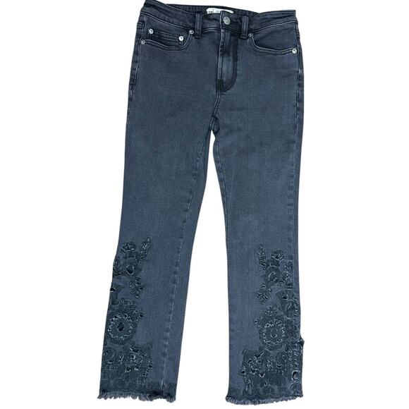 Free People Raw Hem Cutwork Cigarette Jeans Black Embroidered Crop Denim size 25 - Picture 2 of 12